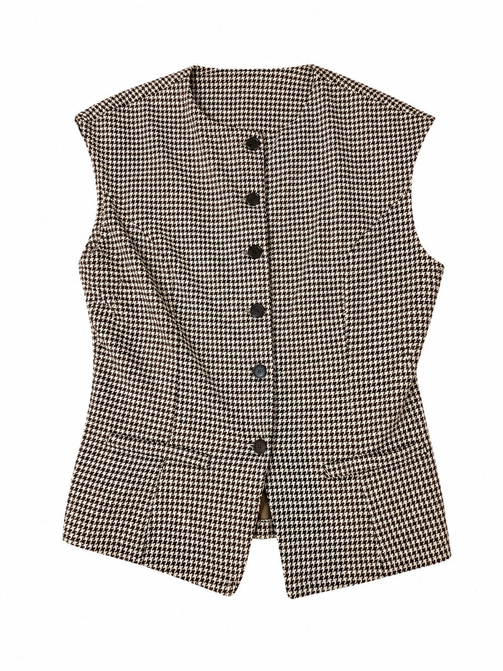 Houndstooth Button-Front Sleeveless Vest - Black & Cream